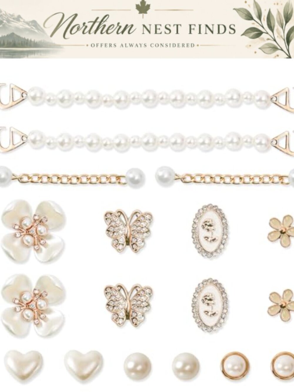 18pc Bling Shoe Charms Rhinestone Butterfly Flower Pearl Chain Clog Accessories